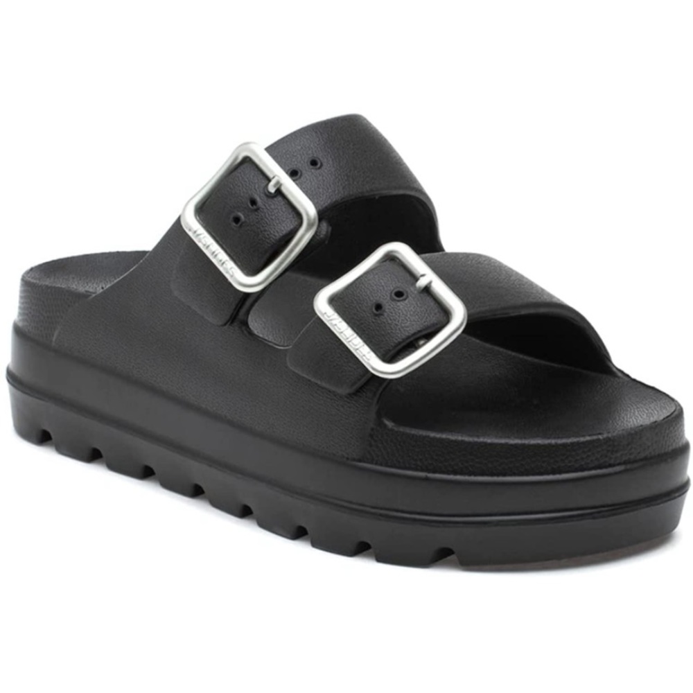 J/SLIDES Black Double-Buckle Platform Slide